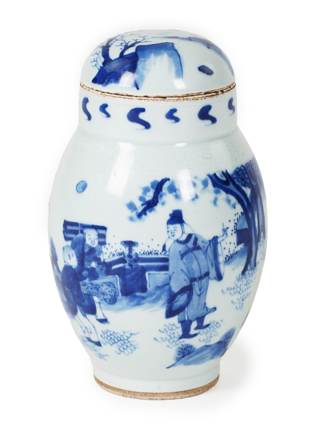 A Chinese blue and white ‘figures in garden’ jar and cover, Chongzhen or later